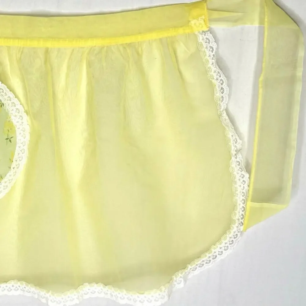 Vintage Sheer Yellow Chiffon Hostess Half Apron Lace Trim Floral Pocket Handmade